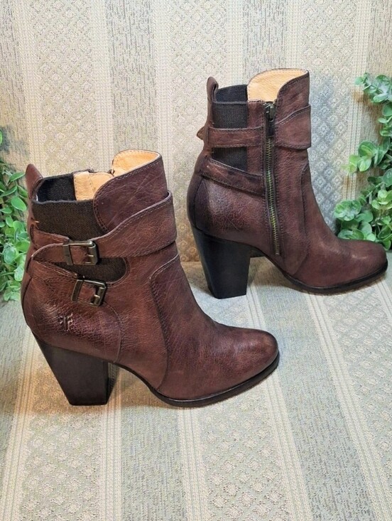Frye Shoes - Frye Distressed Leather Heeled Ankle Bootie with Buckle Detail